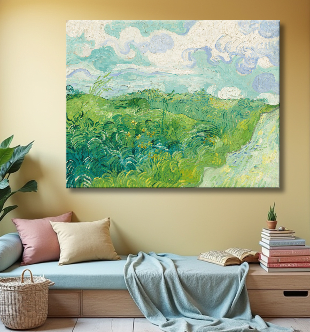 Reproduction Van Gogh : Champs de blé verts, Auvers  avec decor