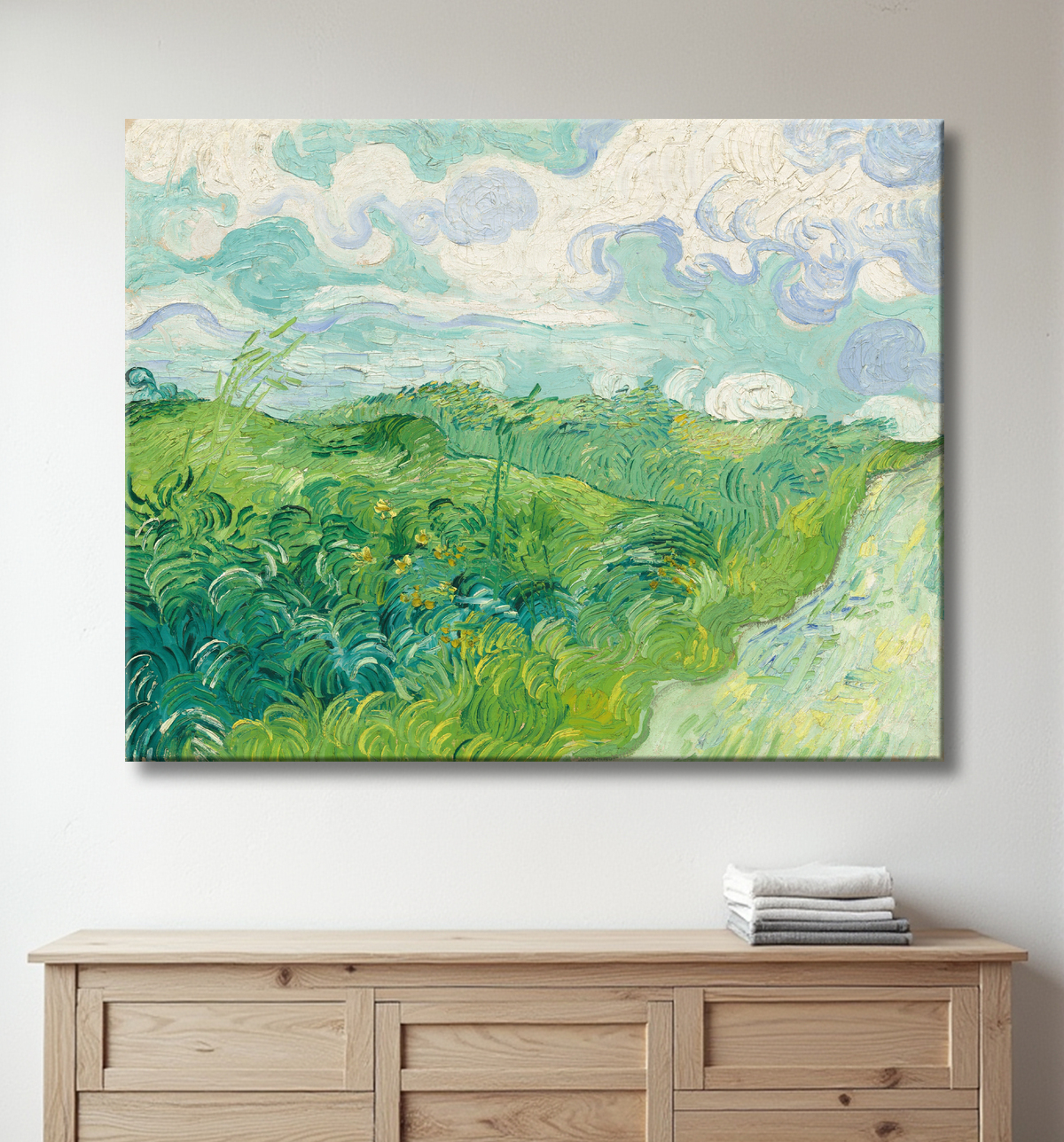 Reproduction Van Gogh : Champs de blé verts, Auvers  avec decor