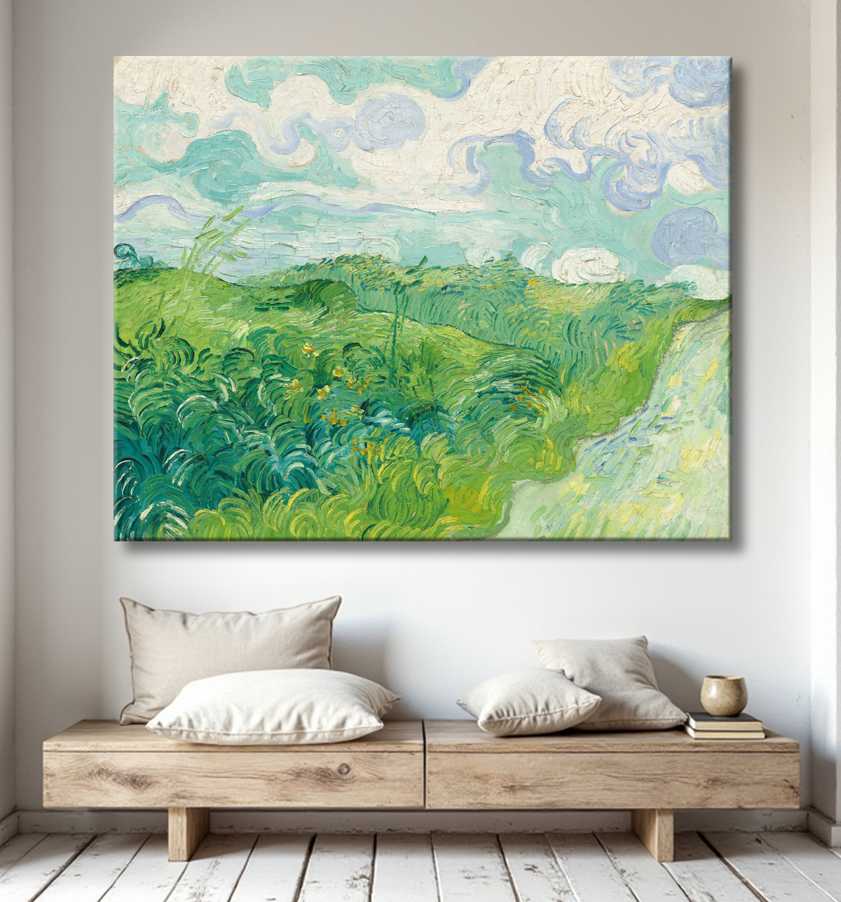 Reproduction du tableau « Champs de blé verts à Auvers » de Van Gogh sur toile premium, impression fine art, fabrication française et formats sur mesure.