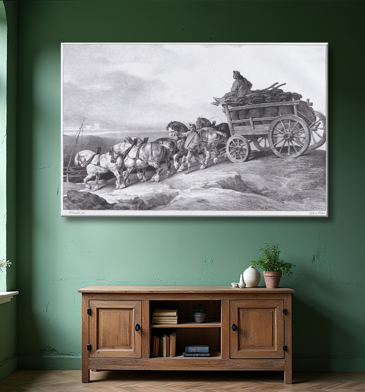 Reproduction Char à charbon [sic.] Tiré par des chevaux de Théodore Gericault avec decor