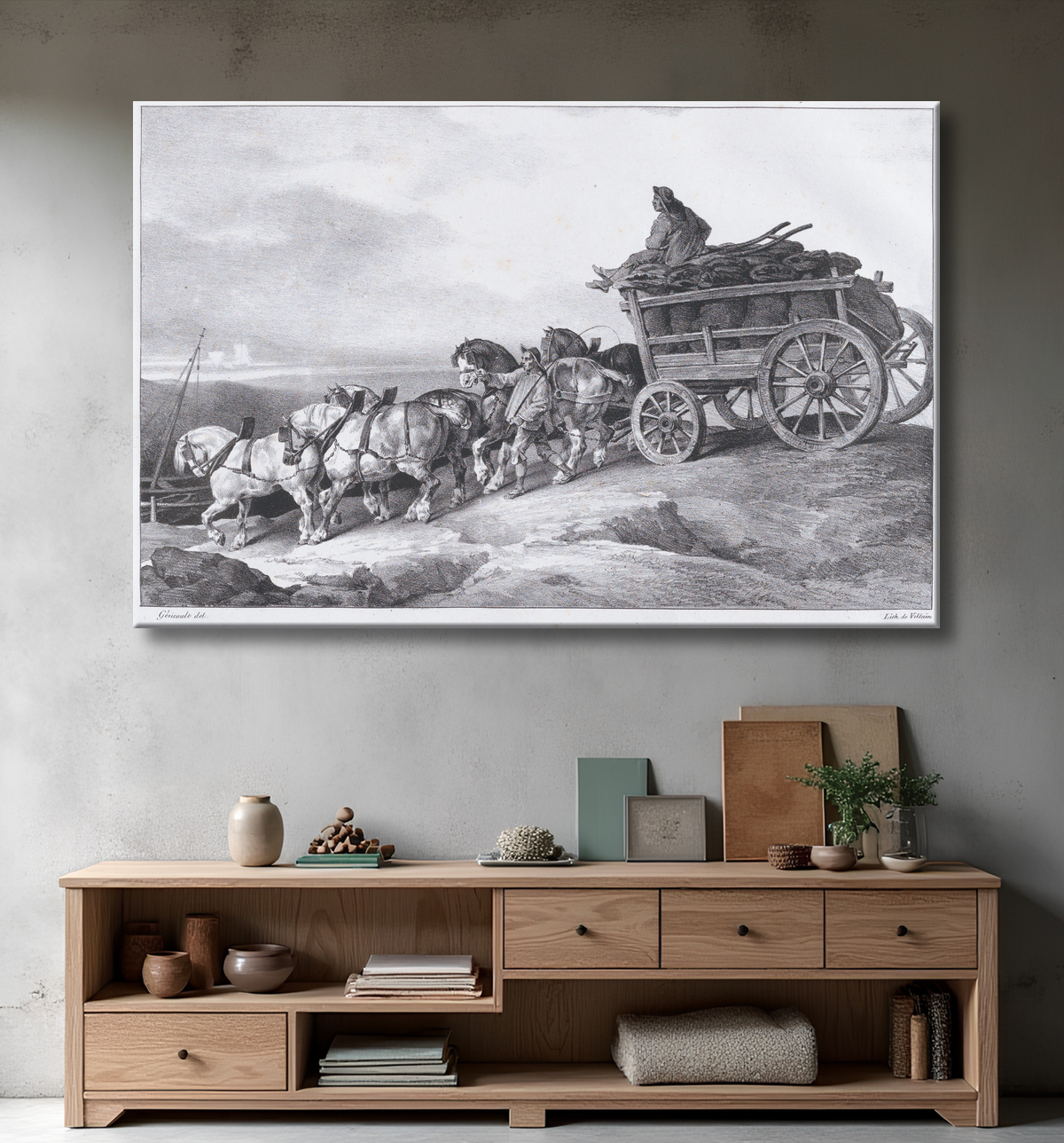 Reproduction Char à charbon [sic.] Tiré par des chevaux de Théodore Gericault avec decor
