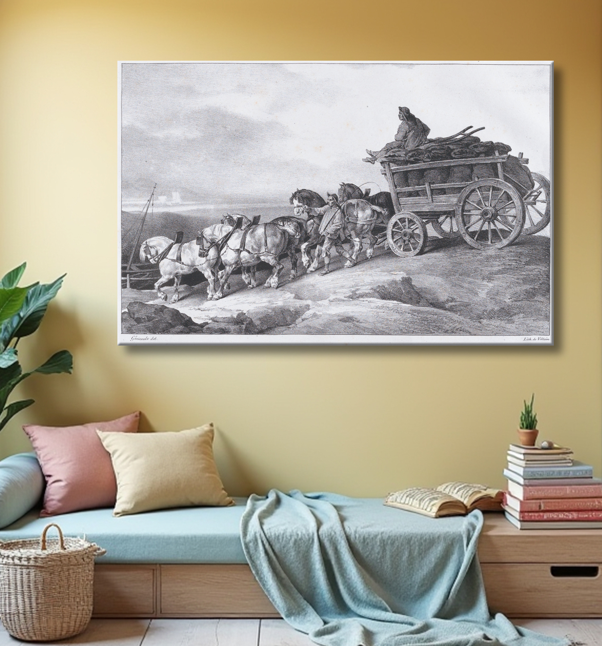 Reproduction Char à charbon [sic.] Tiré par des chevaux de Théodore Gericault avec decor