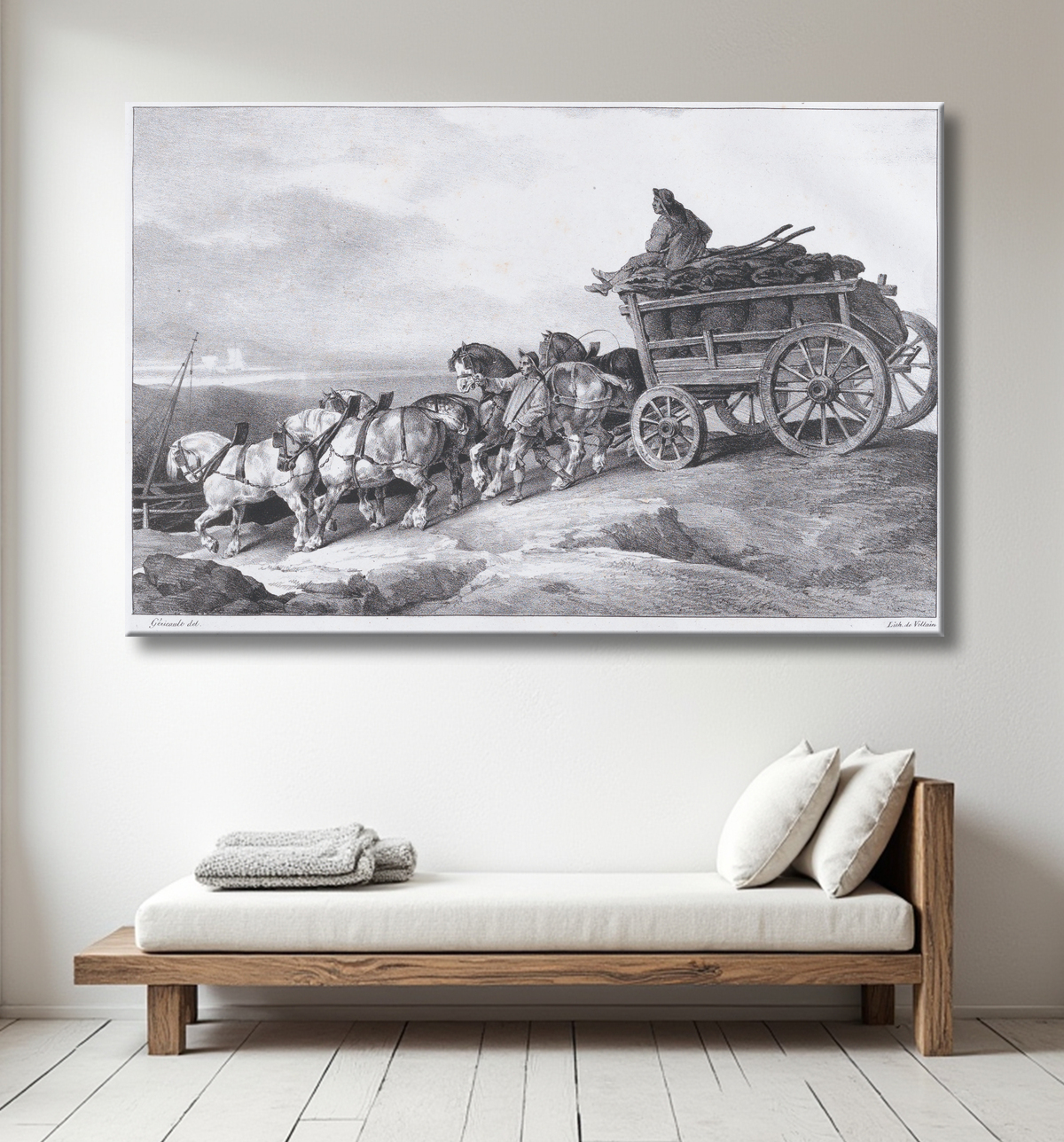 Reproduction Char à charbon [sic.] Tiré par des chevaux de Théodore Gericault avec decor