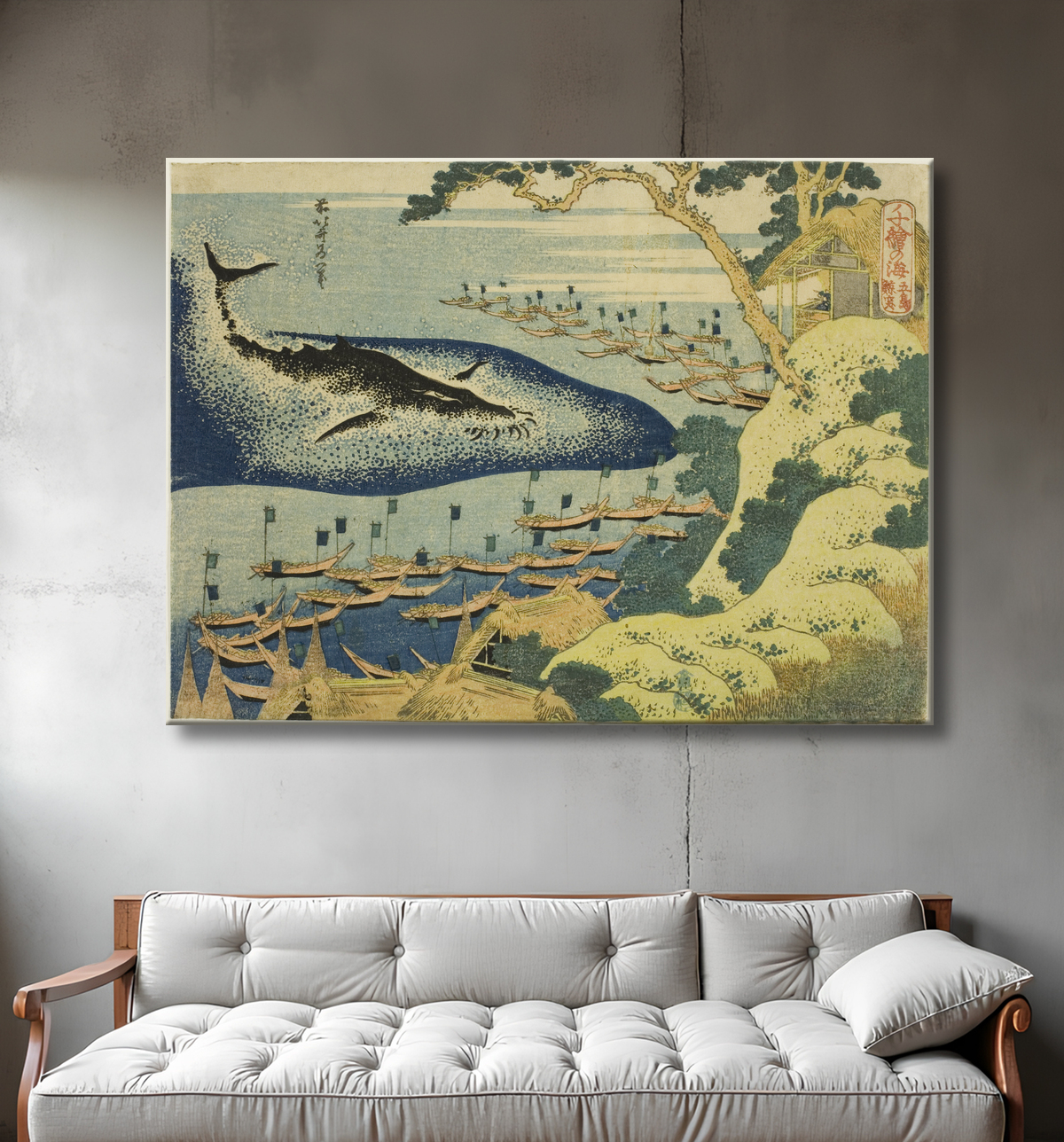 Reproduction Chasse à la baleine au large des îles Goto (Goto kujira tsuki), de la série "Mille images de l'océan (Chie no umi)" de Katsushika Hokusai avec decor