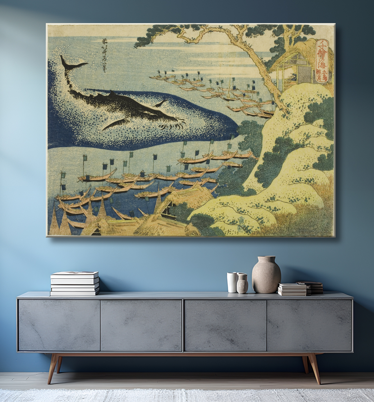 Reproduction Chasse à la baleine au large des îles Goto (Goto kujira tsuki), de la série "Mille images de l'océan (Chie no umi)" de Katsushika Hokusai avec decor