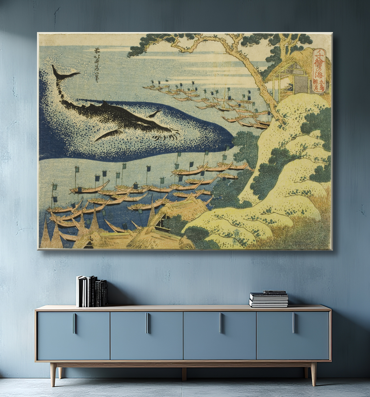 Reproduction Chasse à la baleine au large des îles Goto (Goto kujira tsuki), de la série "Mille images de l'océan (Chie no umi)" de Katsushika Hokusai avec decor