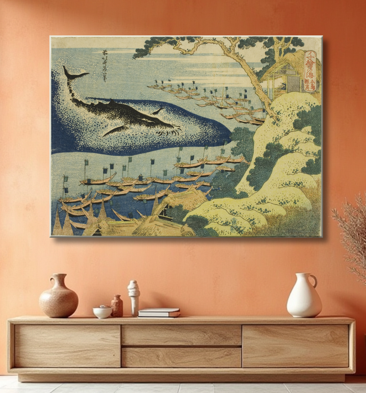 Reproduction Chasse à la baleine au large des îles Goto (Goto kujira tsuki), de la série "Mille images de l'océan (Chie no umi)" de Katsushika Hokusai avec decor