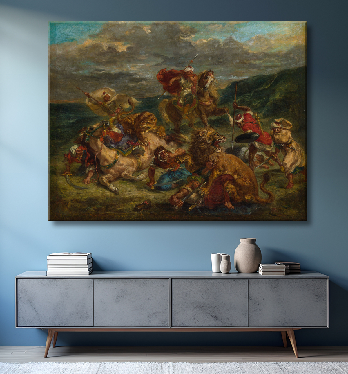 Reproduction Chasse au Lion de Eugène Delacroix avec decor