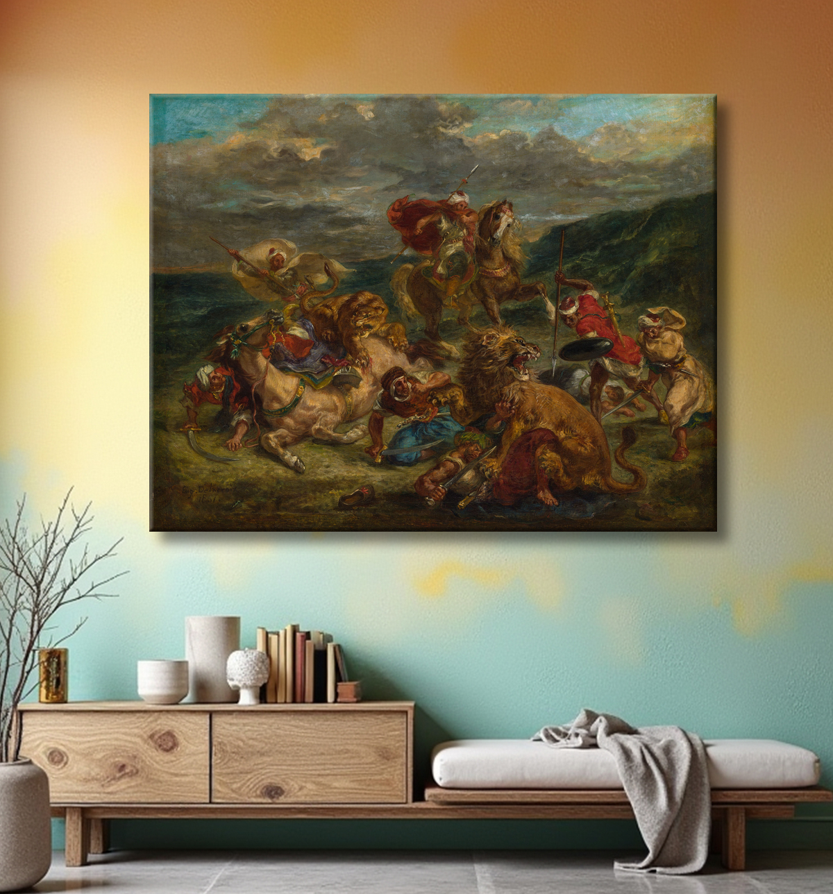 Reproduction Chasse au Lion de Eugène Delacroix avec decor