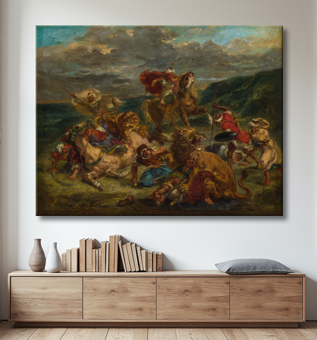 Reproduction Chasse au Lion de Eugène Delacroix avec decor