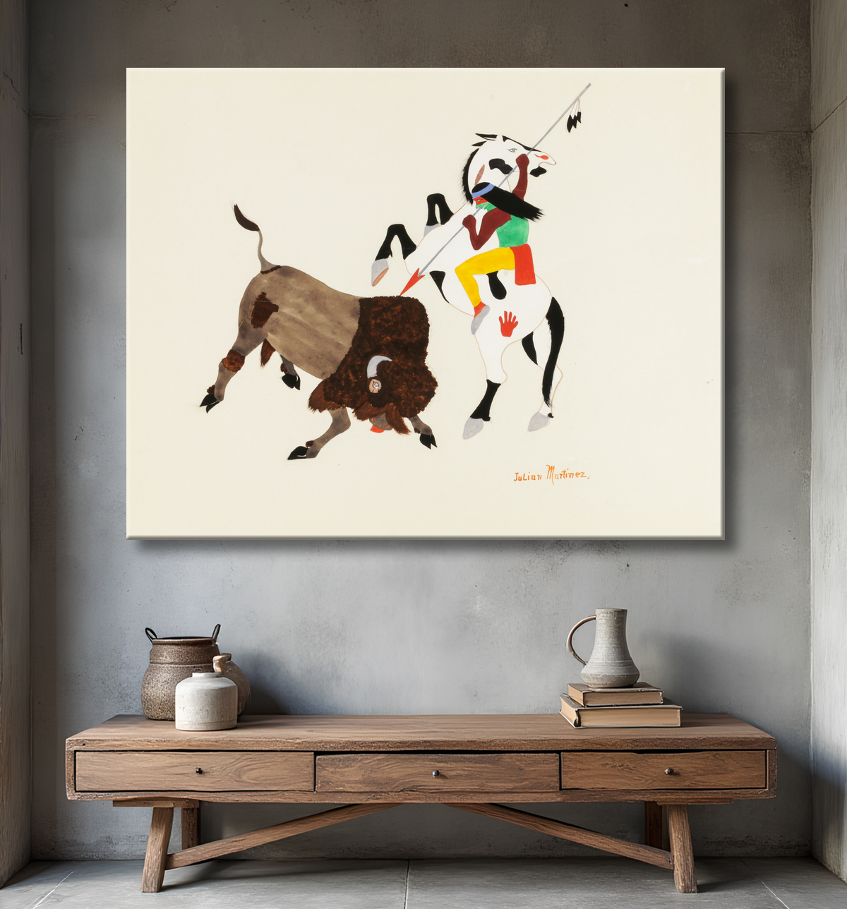 Reproduction Chasseur de bisons de Julian Martinez, born San Ildefonso Pueblo, NM 1879-died San Ildefonso Pueblo, NM 1943 avec decor