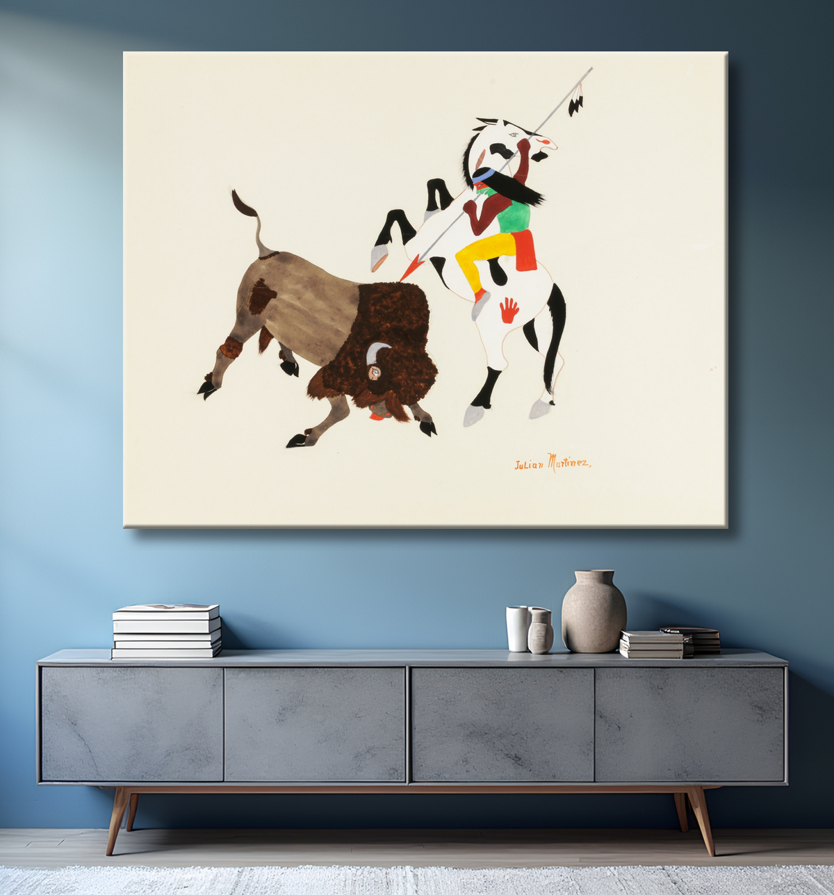 Reproduction Chasseur de bisons de Julian Martinez, born San Ildefonso Pueblo, NM 1879-died San Ildefonso Pueblo, NM 1943 avec decor