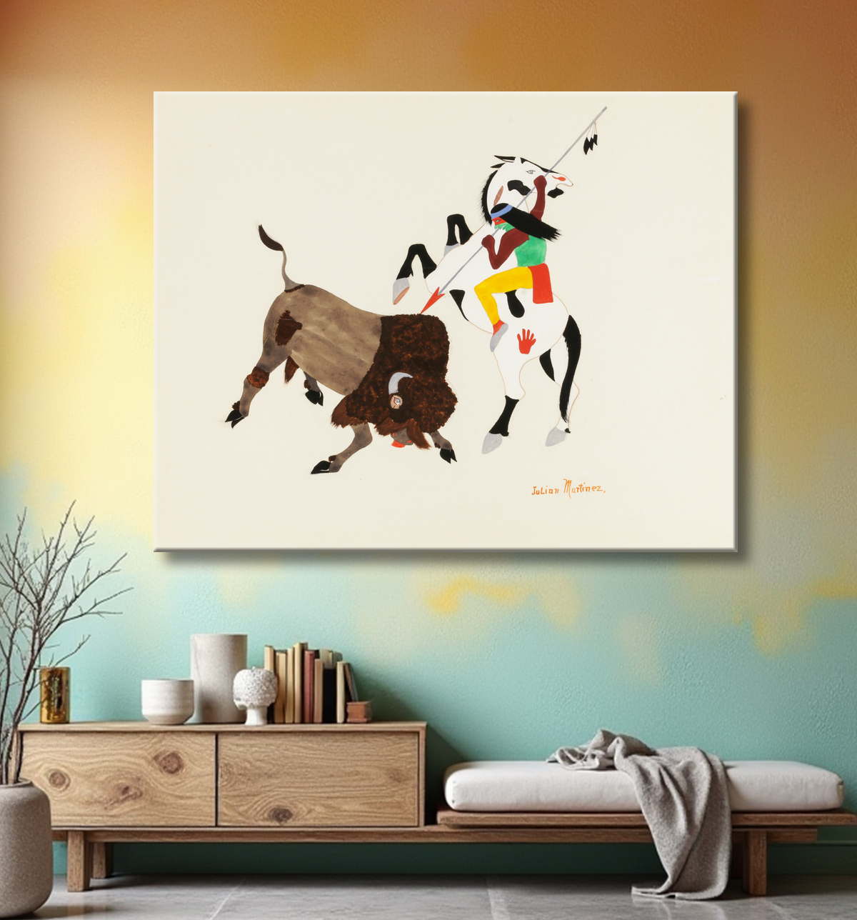 Reproduction Chasseur de bisons de Julian Martinez, born San Ildefonso Pueblo, NM 1879-died San Ildefonso Pueblo, NM 1943 avec decor
