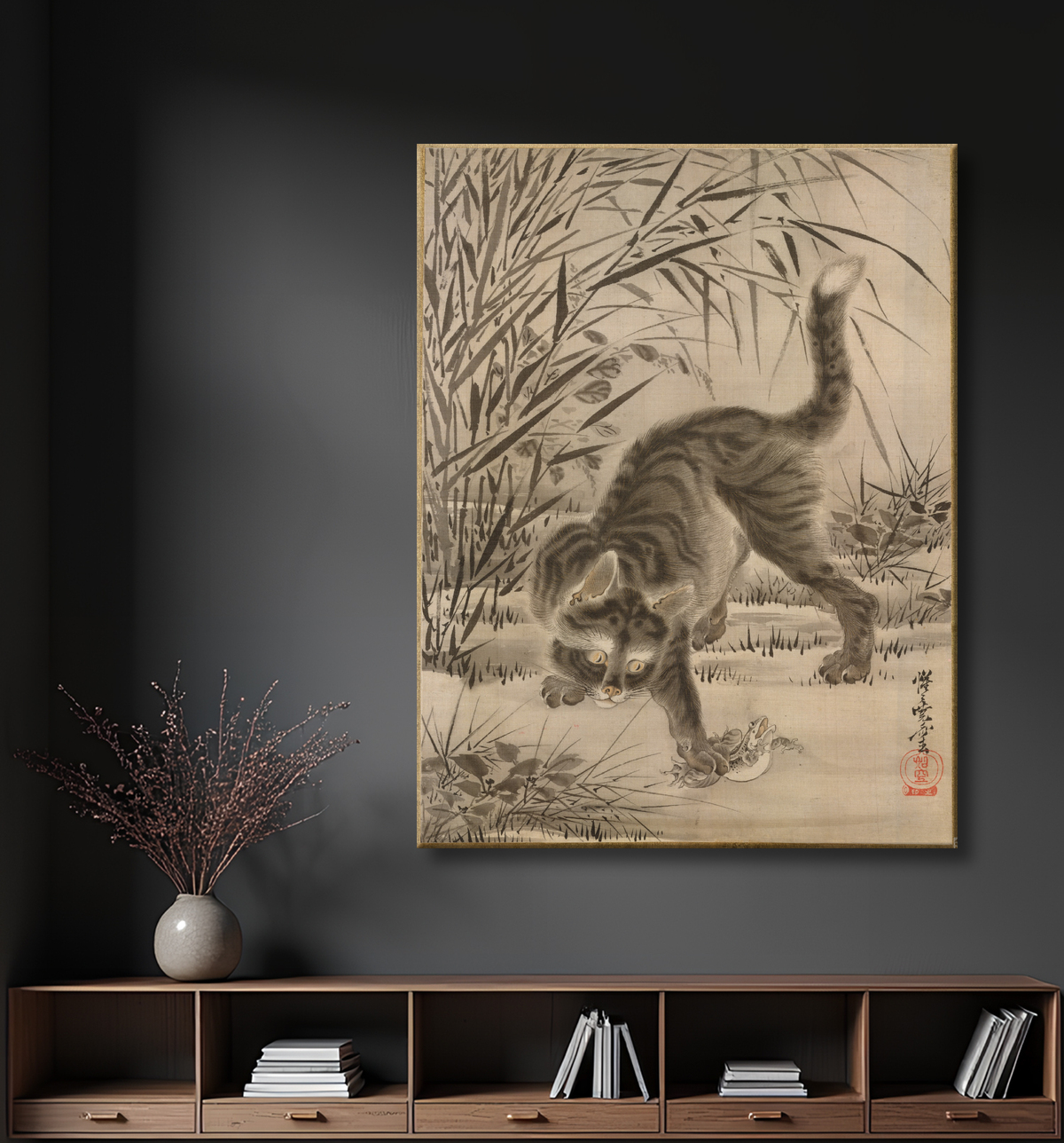 Reproduction Chat attrapant une grenouille de Kawanabe Kyōsai 河鍋暁斎 avec decor