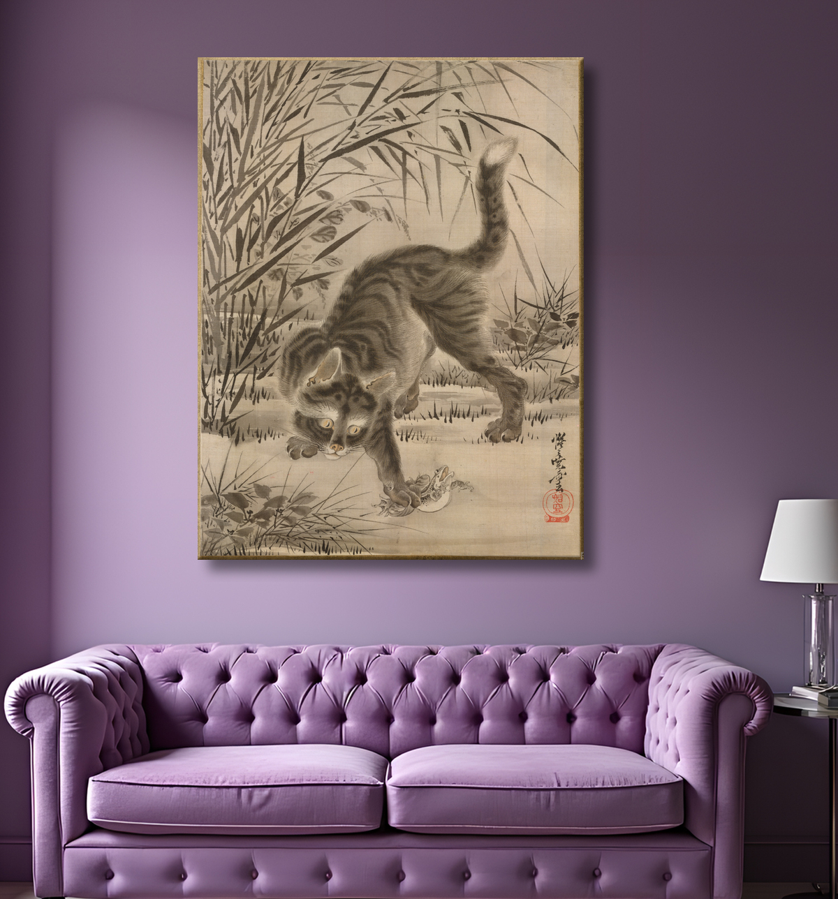 Reproduction Chat attrapant une grenouille de Kawanabe Kyōsai 河鍋暁斎 avec decor