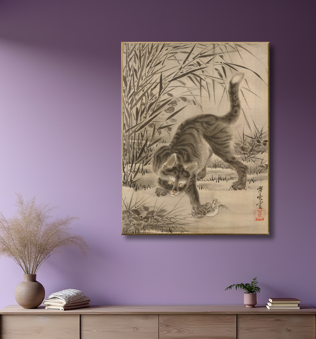 Reproduction Chat attrapant une grenouille de Kawanabe Kyōsai 河鍋暁斎 avec decor