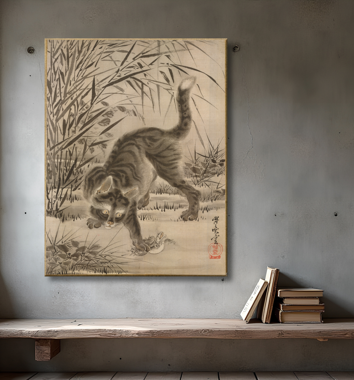 Reproduction Chat attrapant une grenouille de Kawanabe Kyōsai 河鍋暁斎 avec decor
