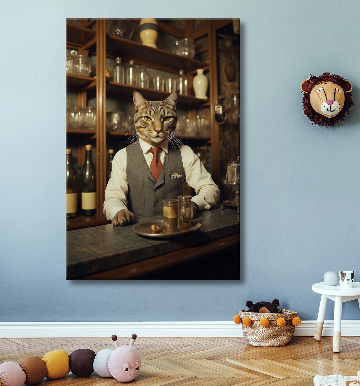 Tableau d'un chat dans un bar avec decor