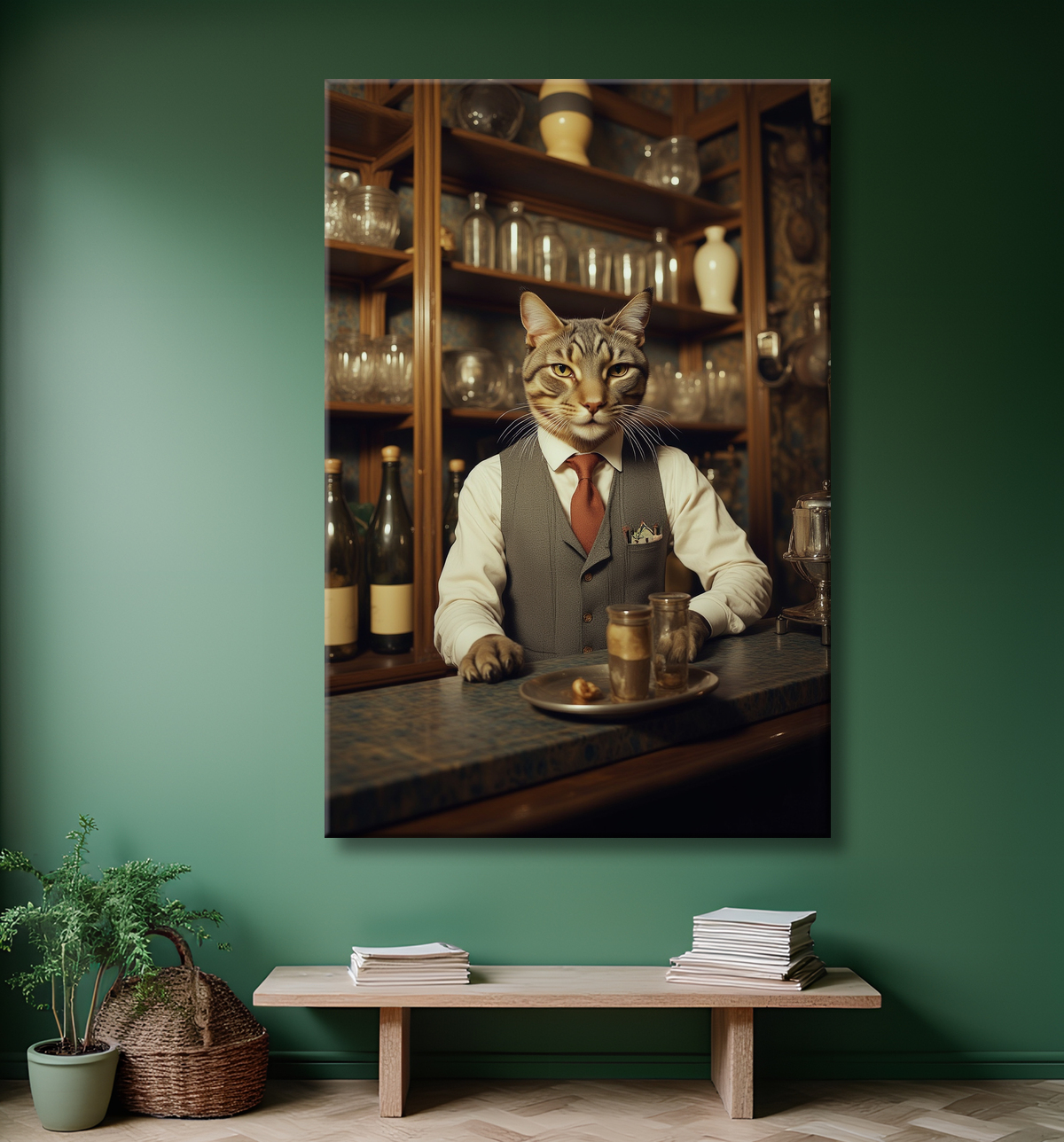 Tableau d'un chat dans un bar avec decor
