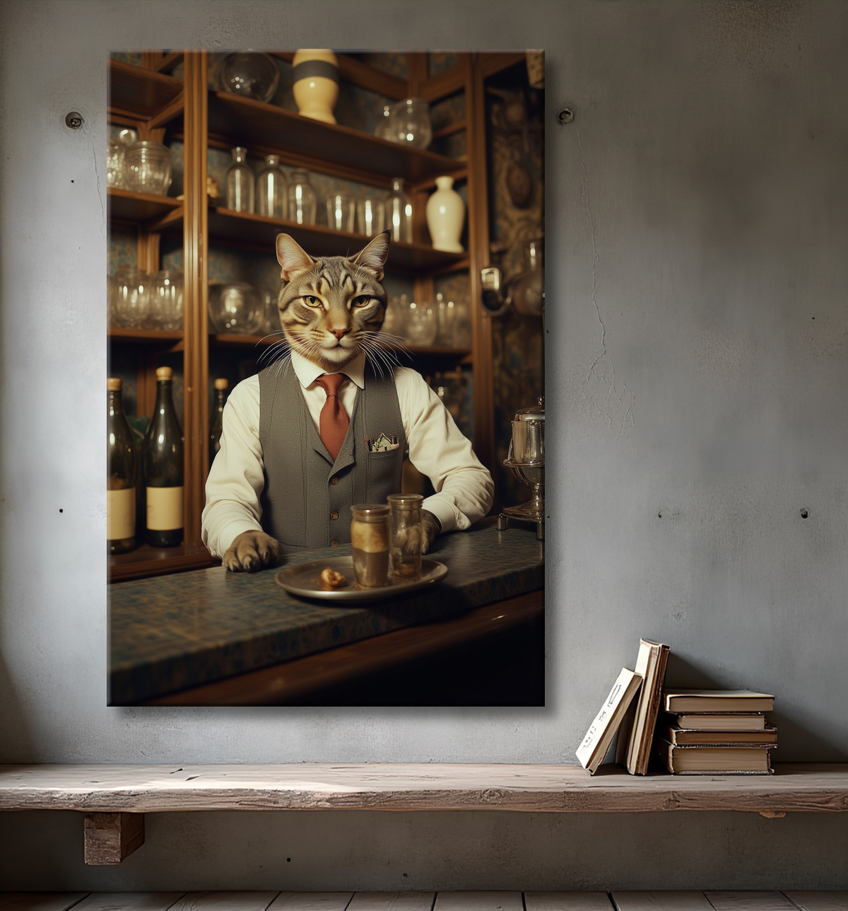 Tableau d'un chat dans un bar avec decor