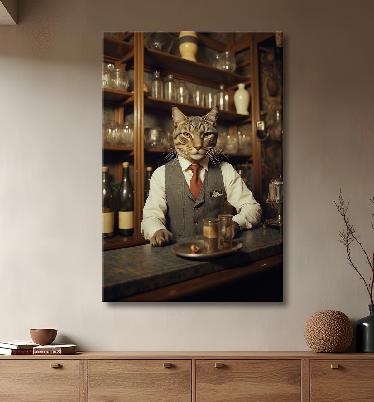Tableau d'un chat dans un bar avec decor