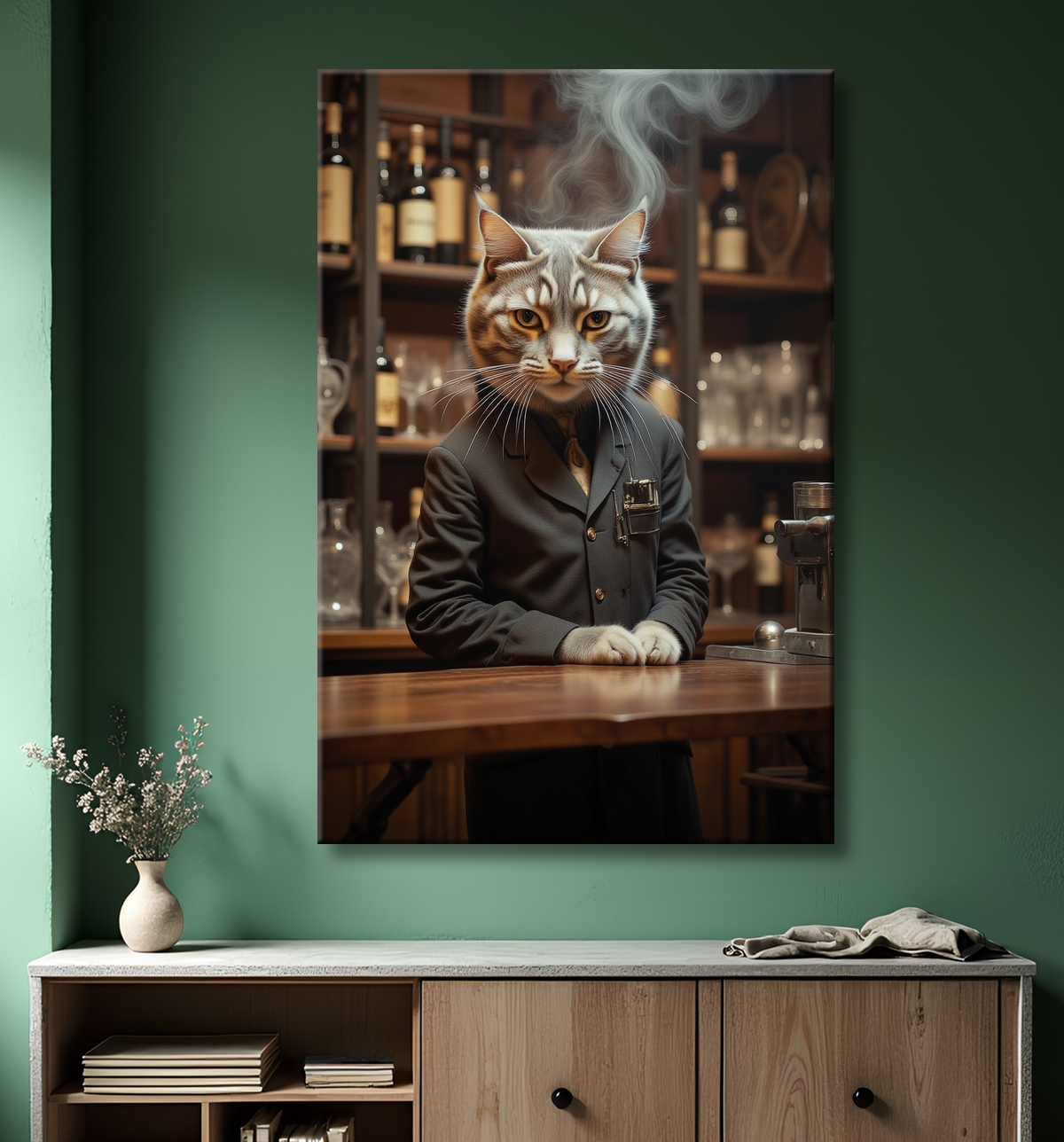 Tableau d'un chat dans un bar avec decor