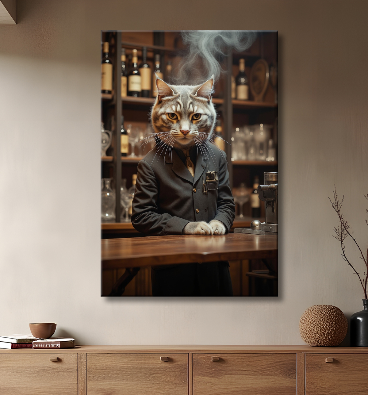 Tableau d'un chat dans un bar avec decor