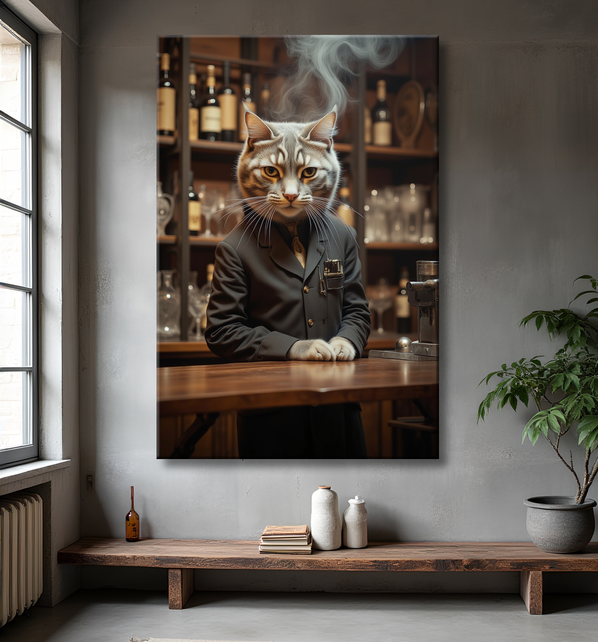 Tableau d'un chat dans un bar avec decor