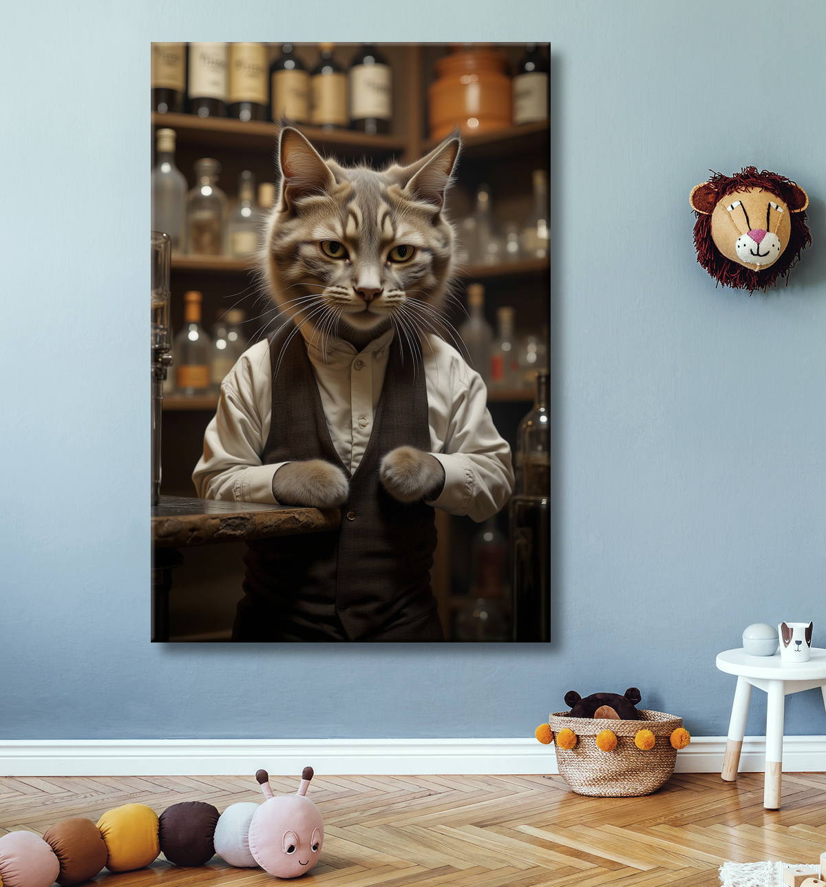 Tableau d'un chat dans un bar avec decor