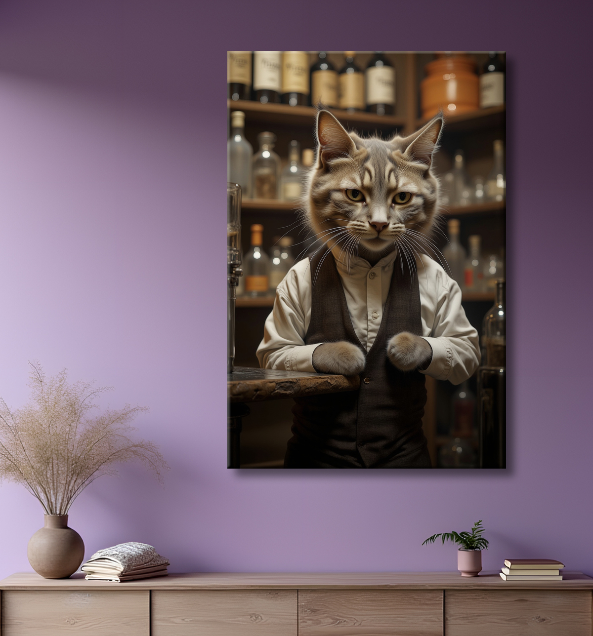 Tableau d'un chat dans un bar avec decor