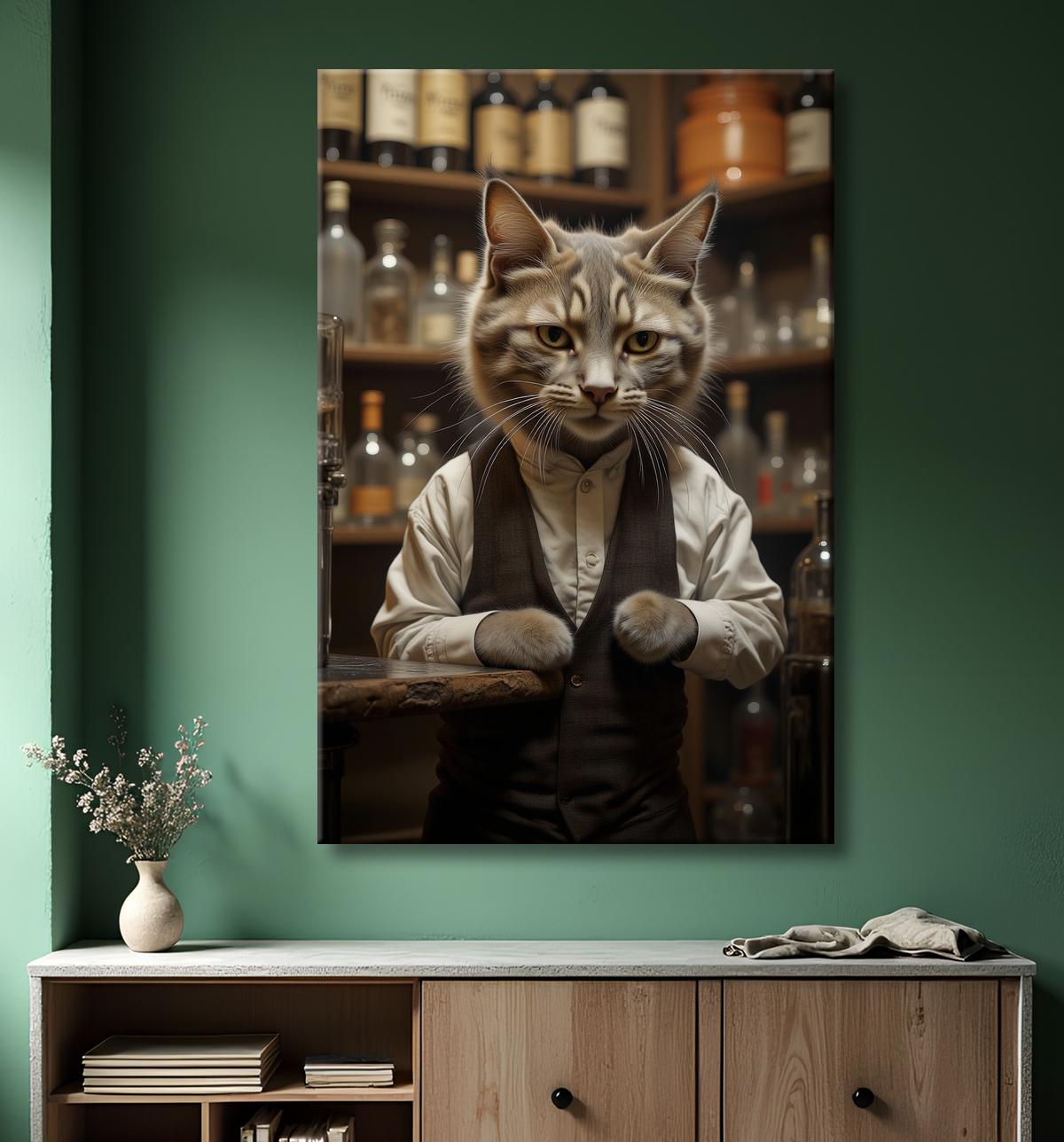 Tableau d'un chat dans un bar avec decor