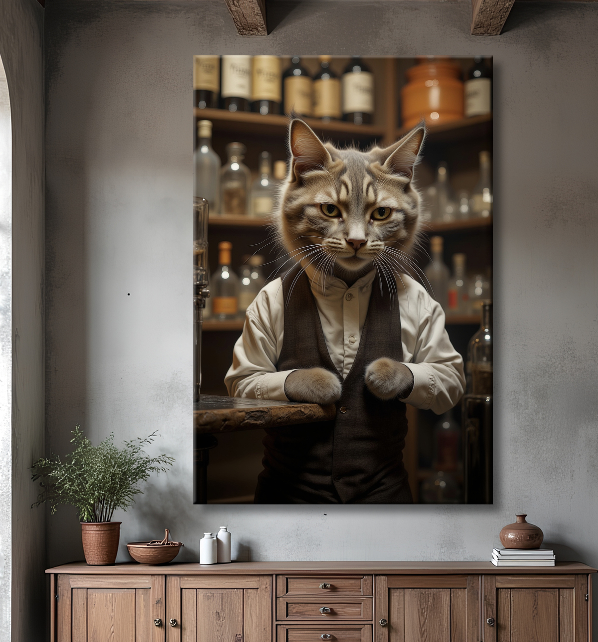 Tableau d'un chat dans un bar avec decor