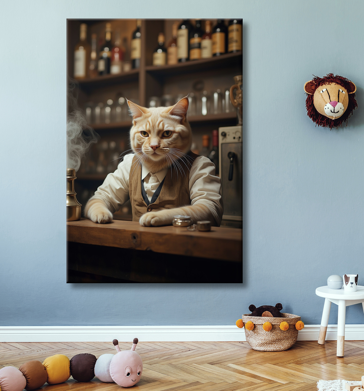 Tableau d'un chat dans un bar avec decor