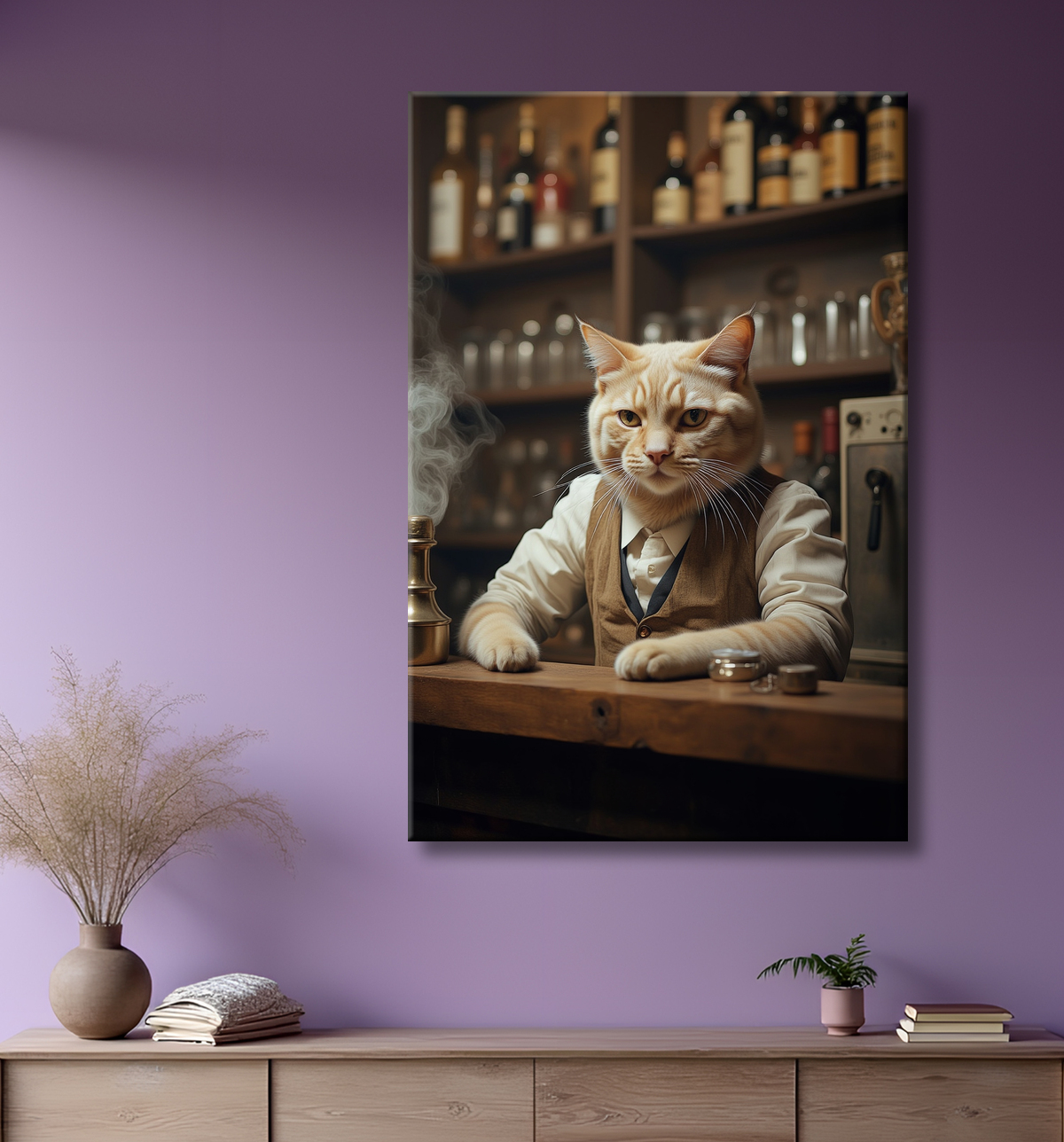 Tableau d'un chat dans un bar avec decor