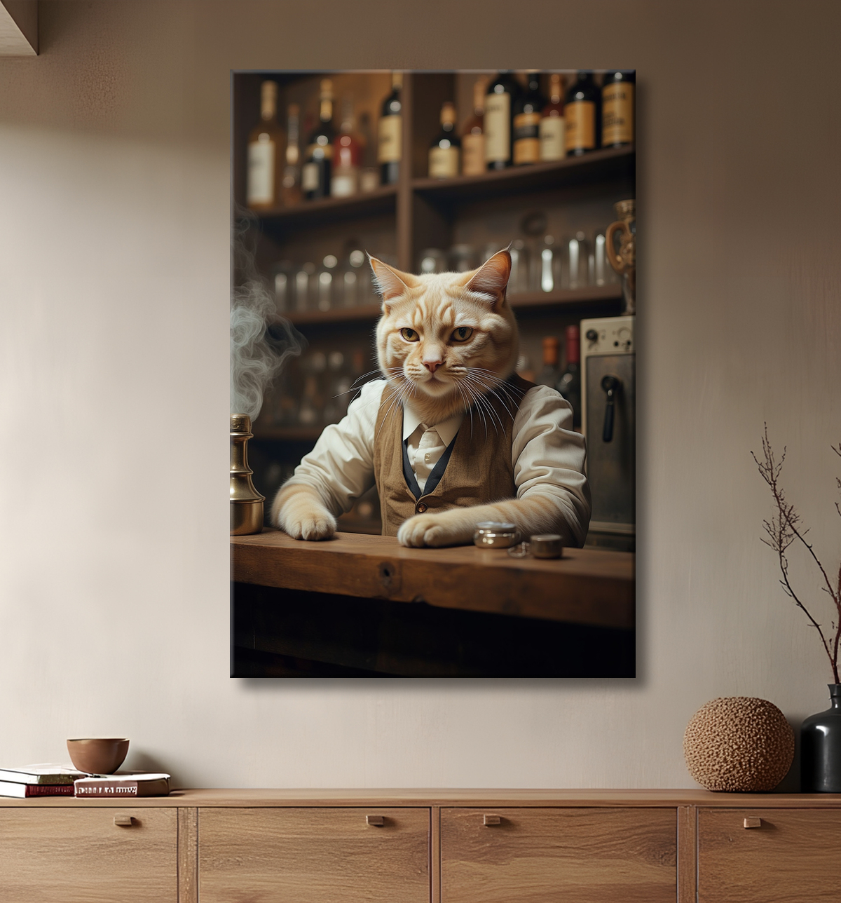 Tableau d'un chat dans un bar avec decor