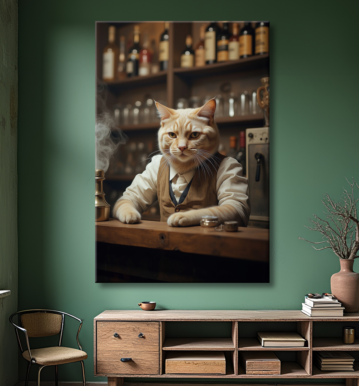 Tableau d'un chat dans un bar avec decor
