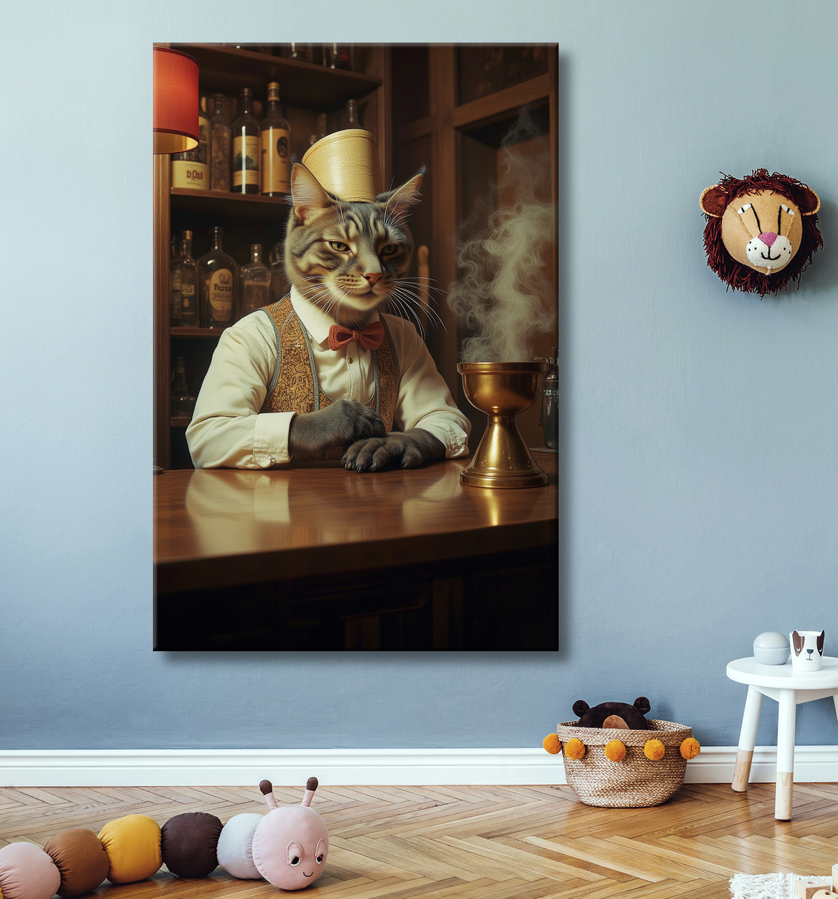 Tableau d'un chat dans un bar avec decor