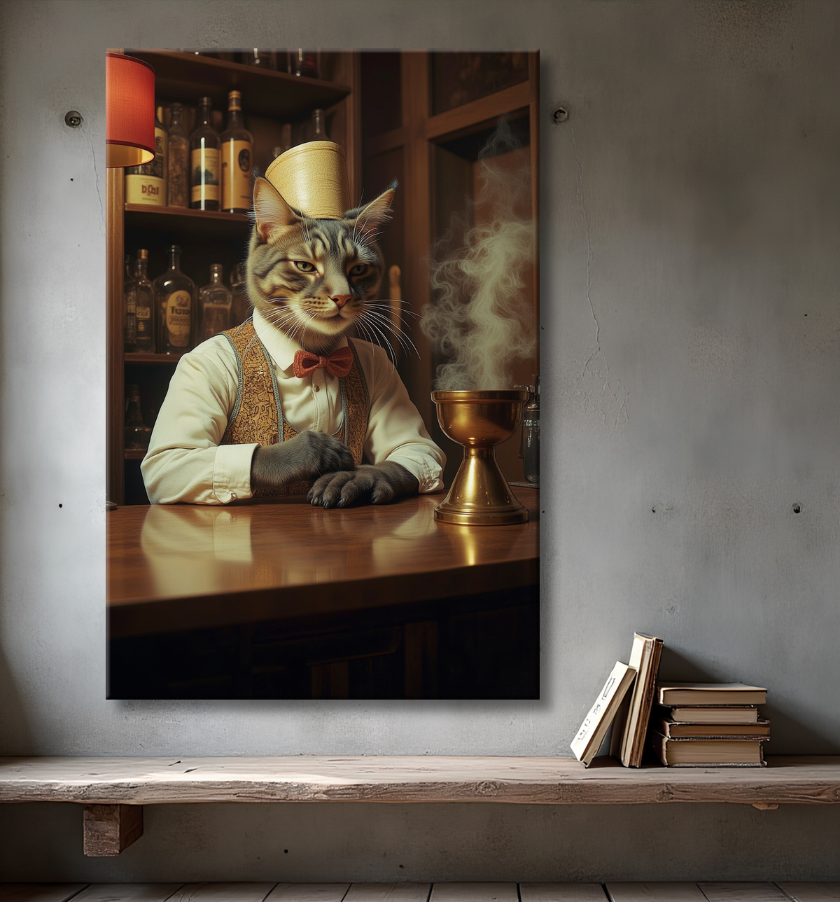 Tableau d'un chat dans un bar avec decor