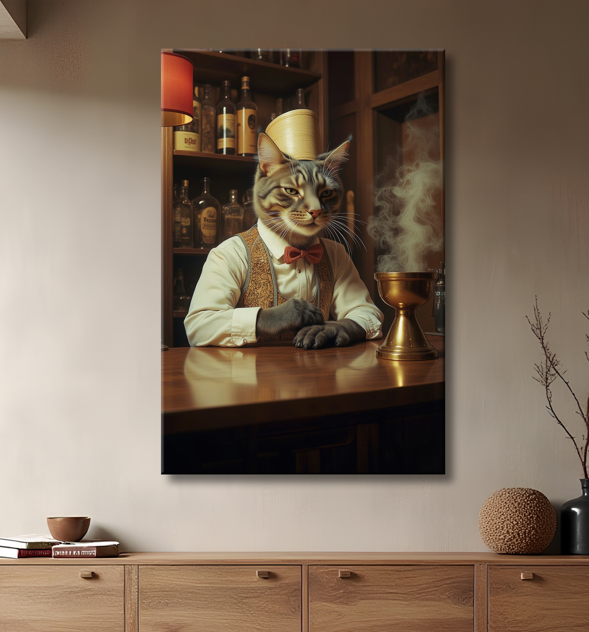 Tableau d'un chat dans un bar avec decor