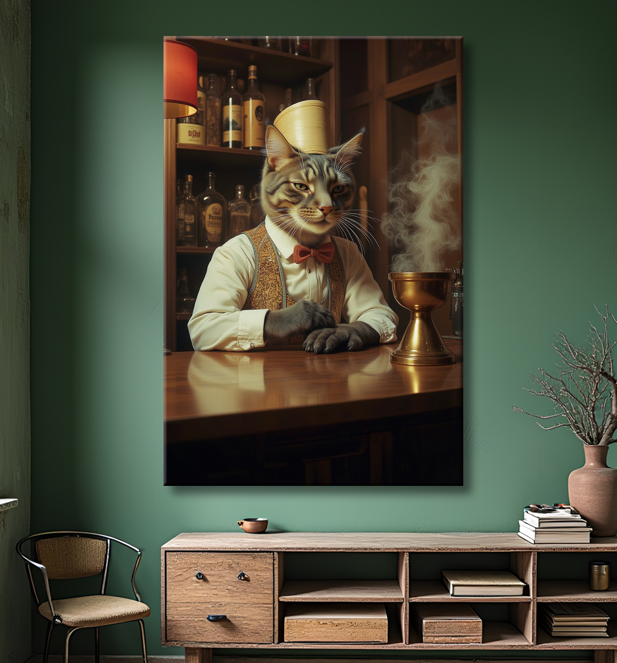Tableau d'un chat dans un bar avec decor
