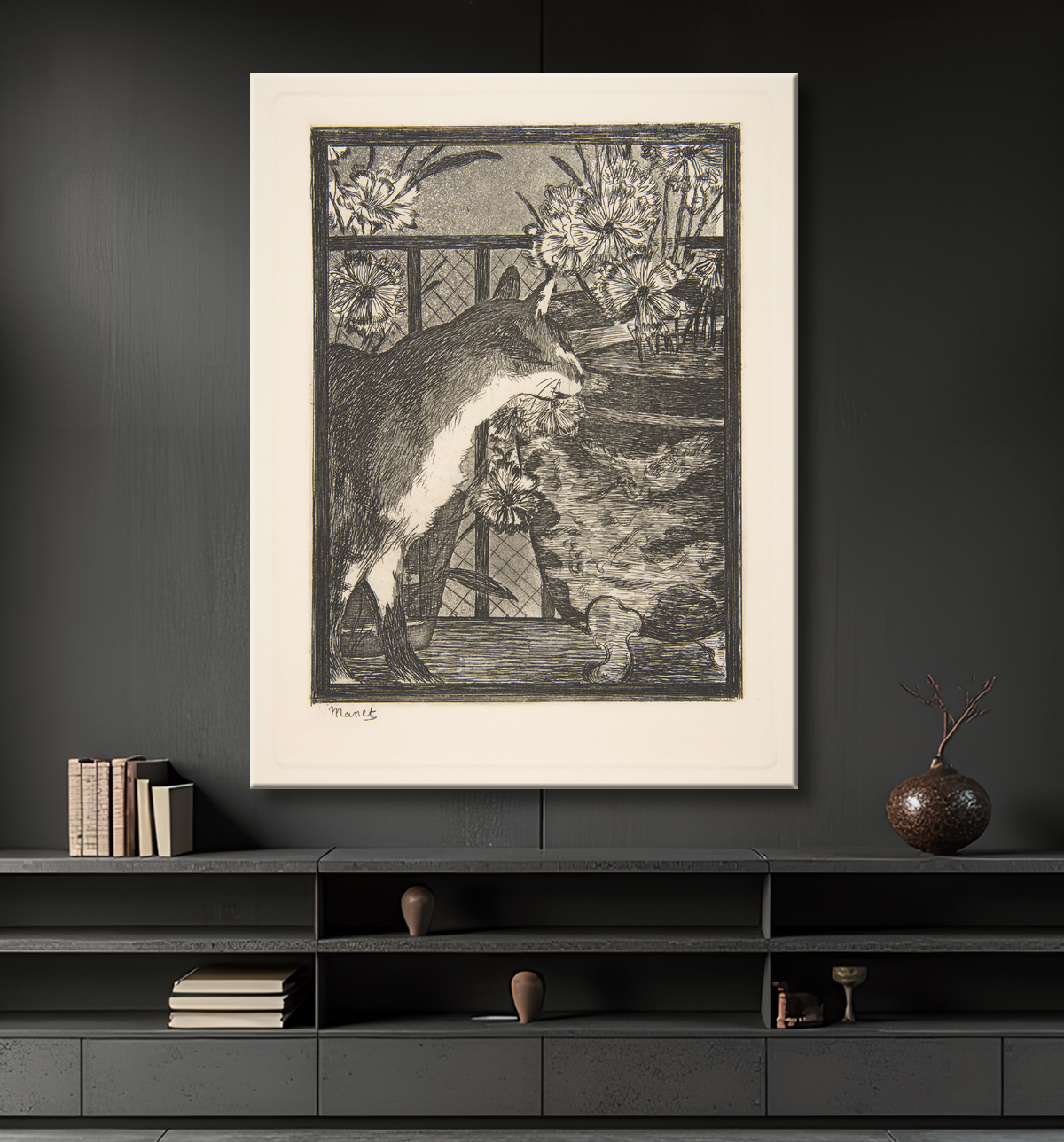 Reproduction Chat et fleurs de Edouard Manet avec decor