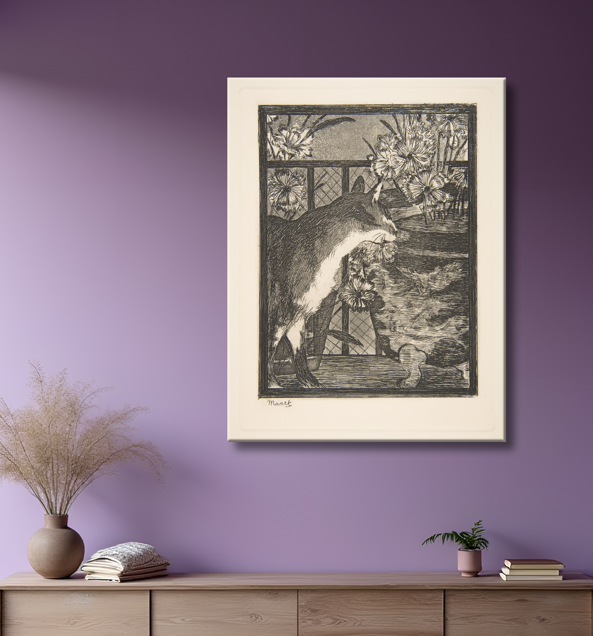 Reproduction Chat et fleurs de Edouard Manet avec decor