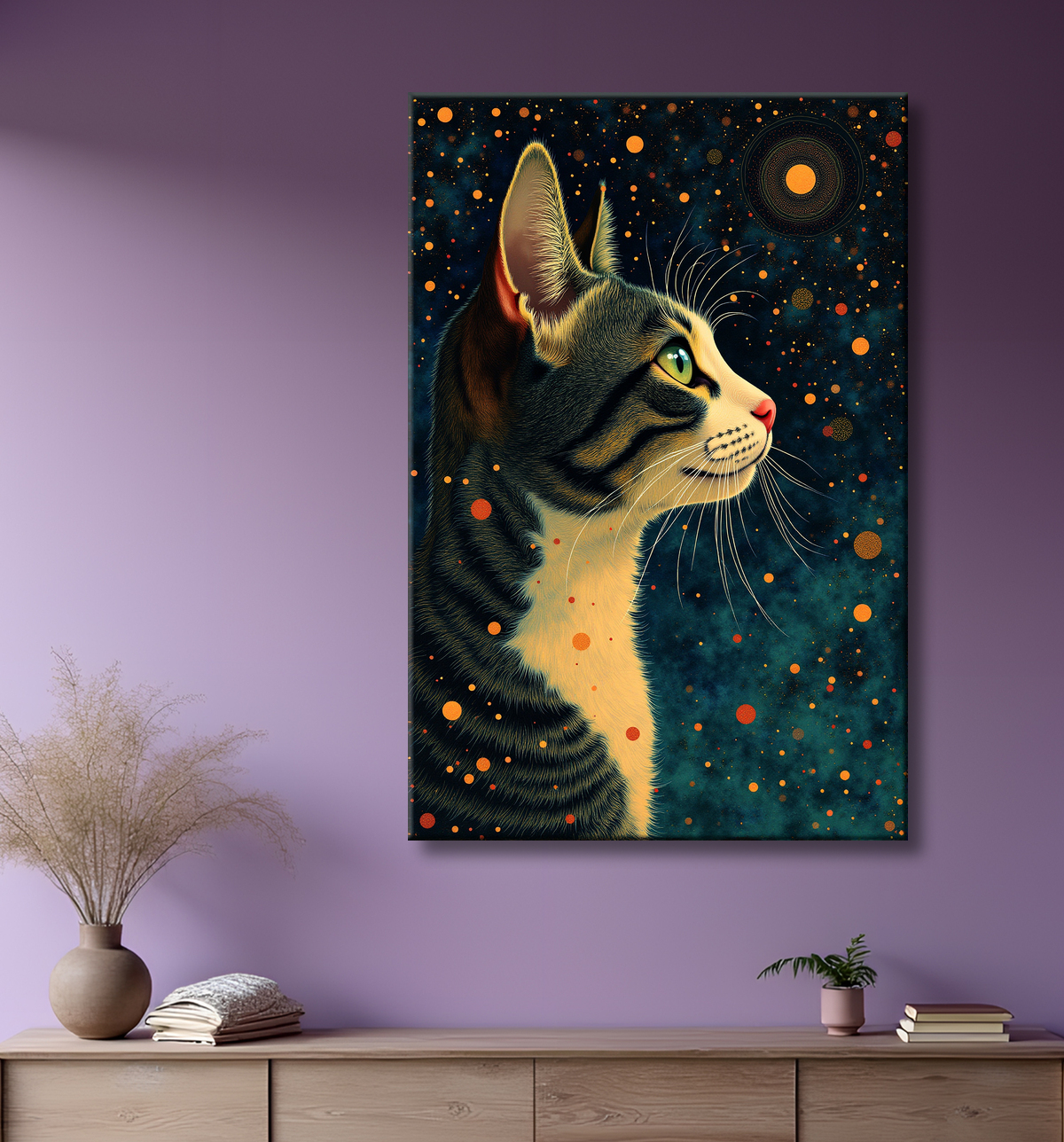 Tableau chat féerique - Illustration magique dans un univers étoilé avec decor