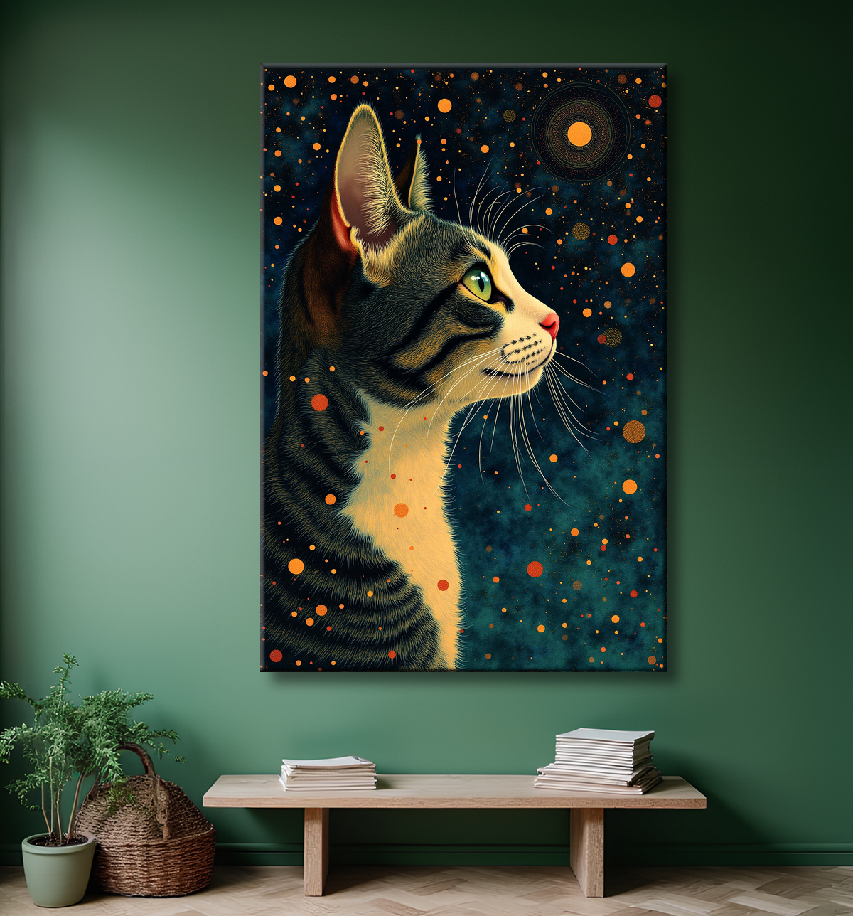 Tableau chat féerique - Illustration magique dans un univers étoilé avec decor