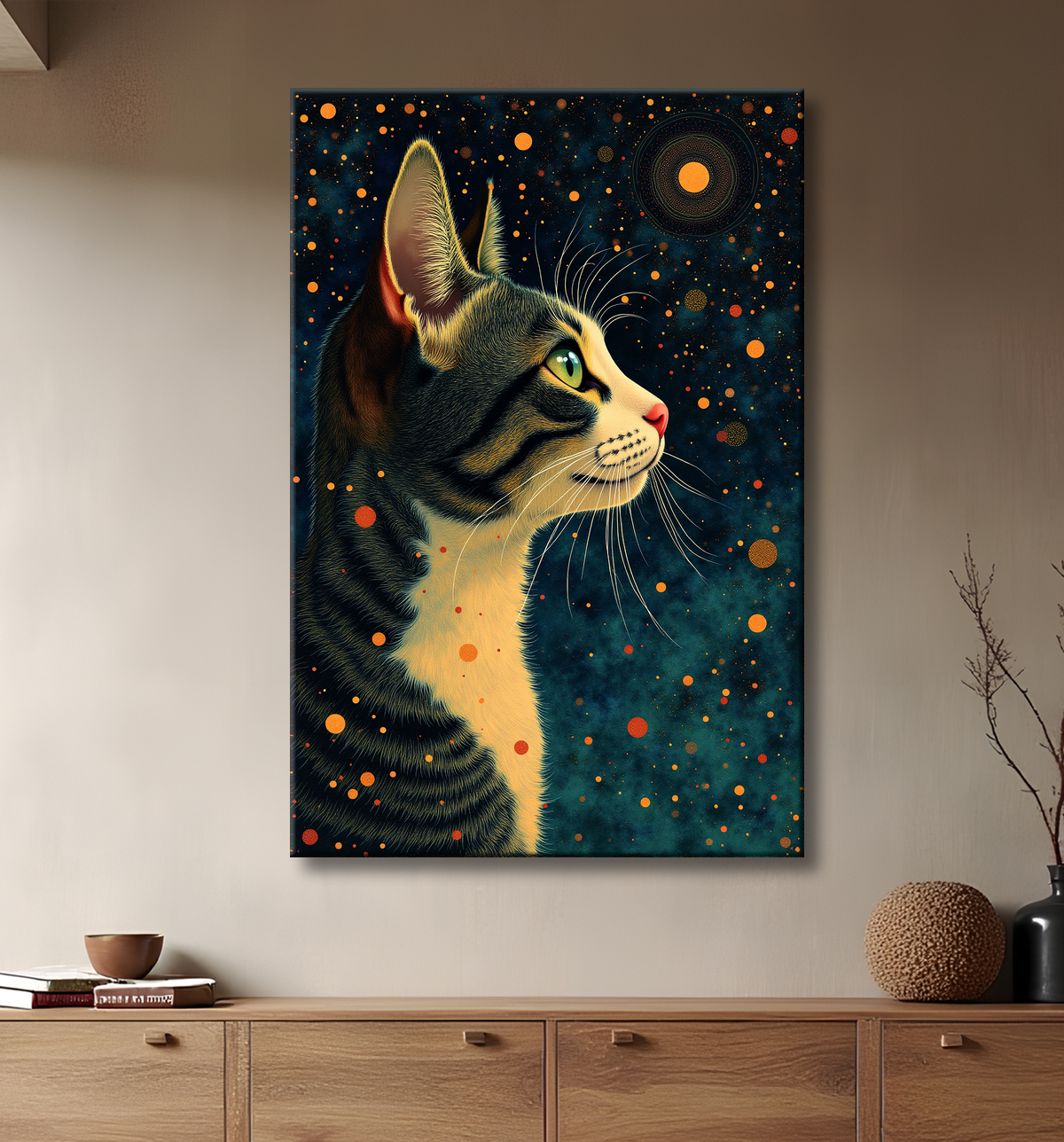 Tableau chat féerique - Illustration magique dans un univers étoilé avec decor