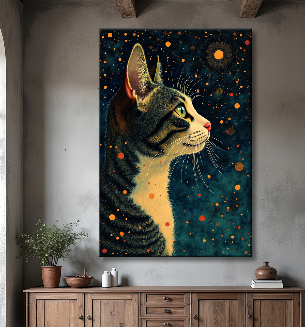 Tableau chat féerique - Illustration magique dans un univers étoilé avec decor