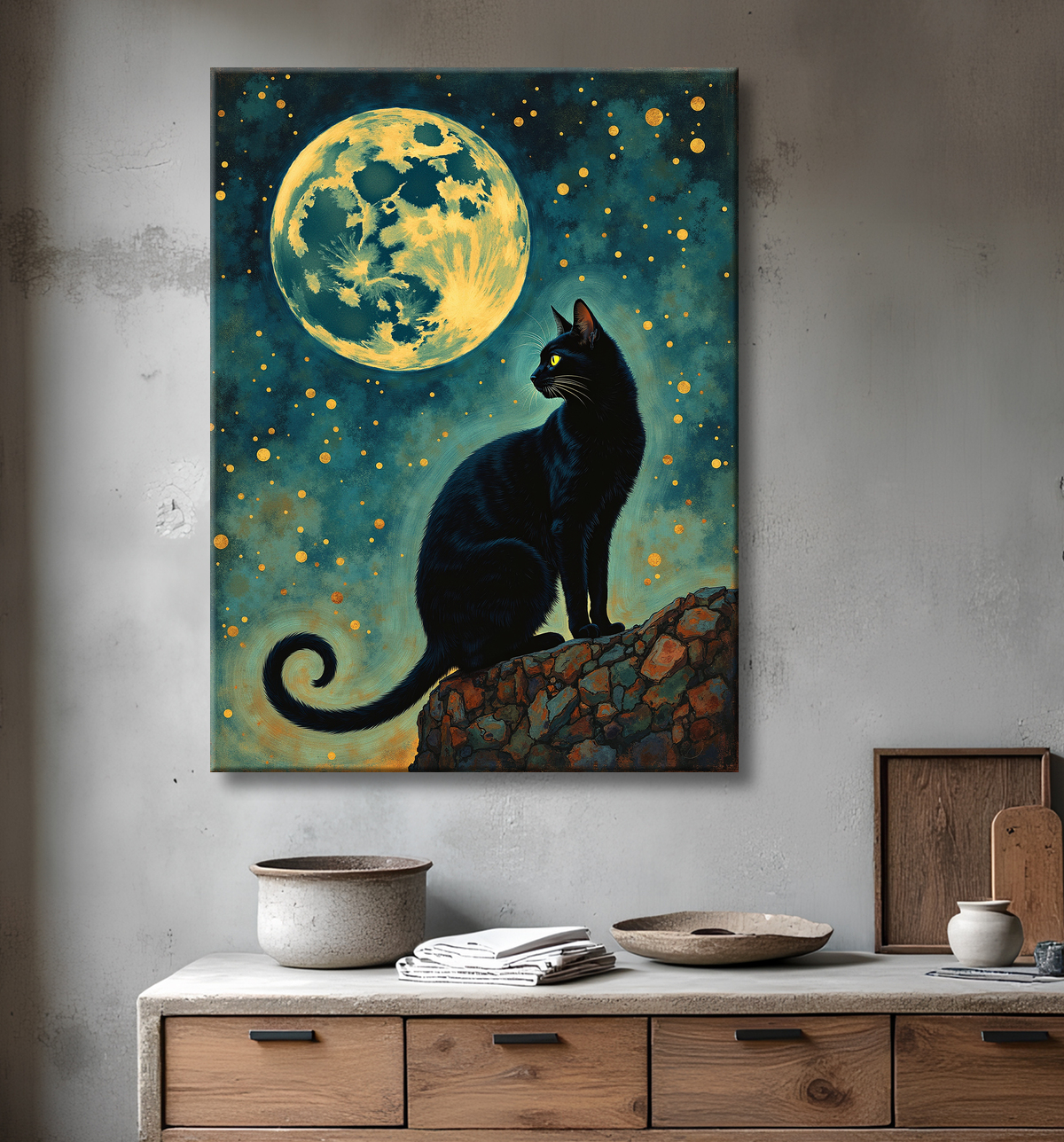 Tableau chat féerique - Illustration magique dans un univers étoilé avec decor