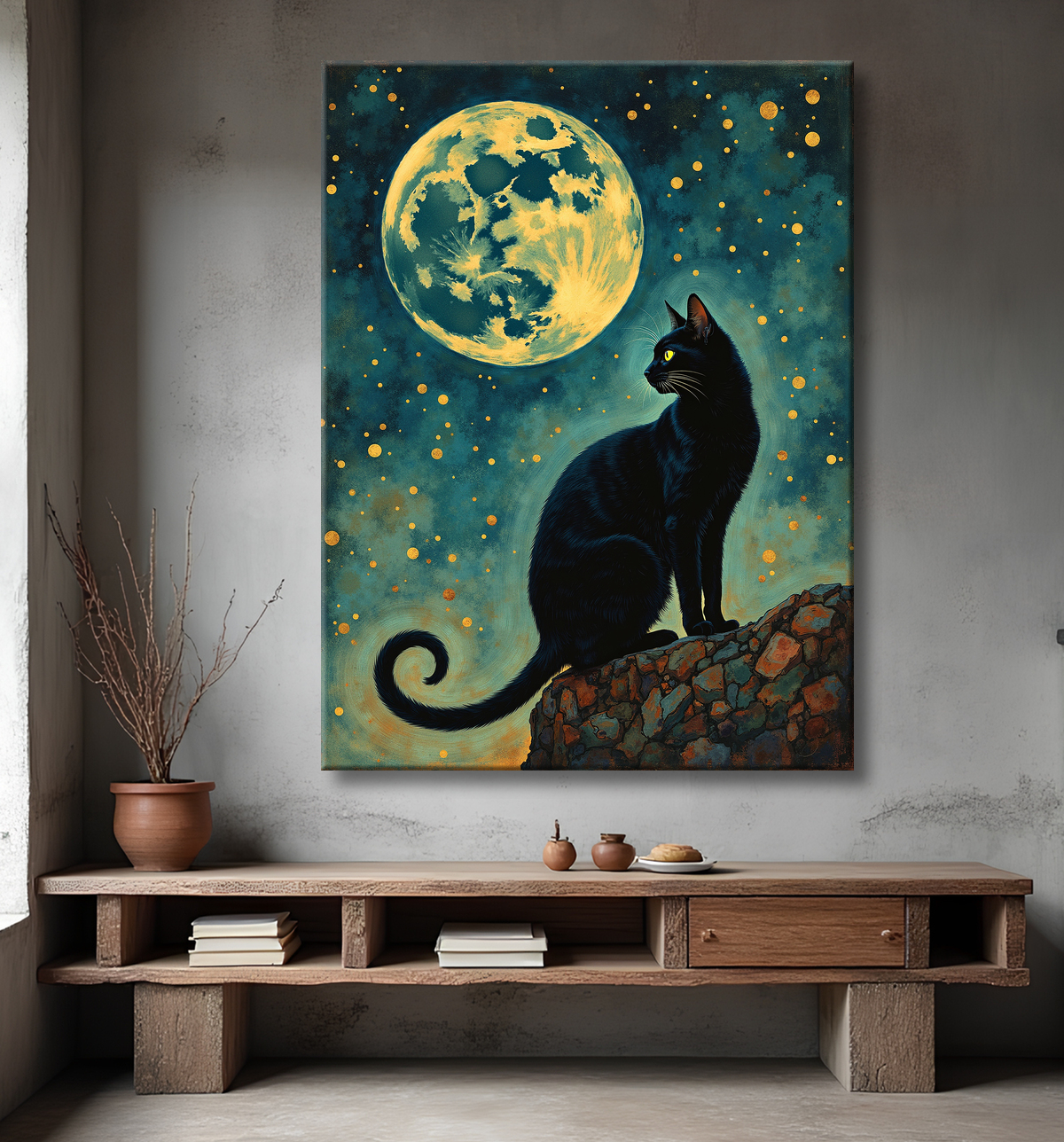 Tableau chat féerique - Illustration magique dans un univers étoilé avec decor