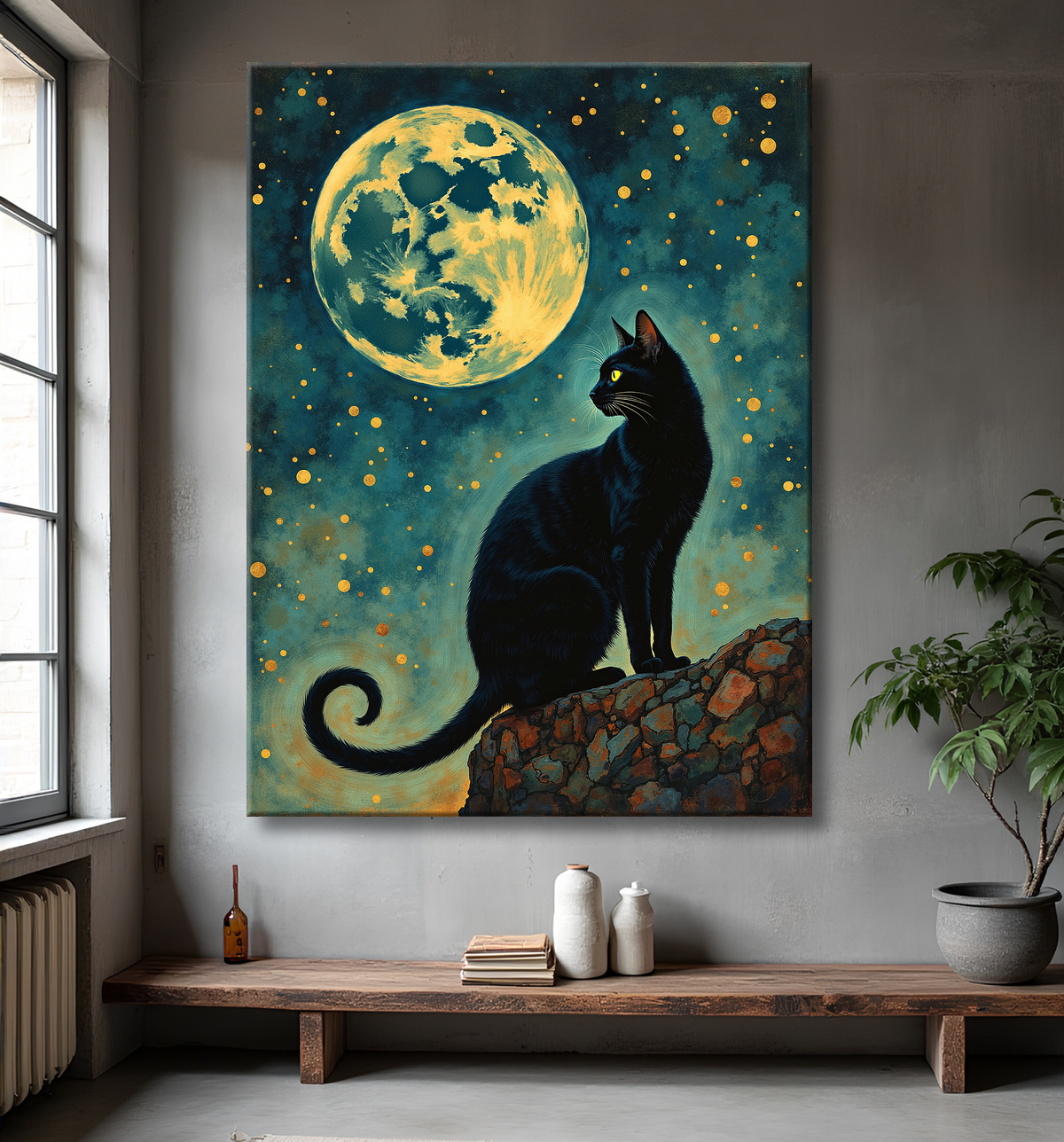 Tableau chat féerique - Illustration magique dans un univers étoilé avec decor