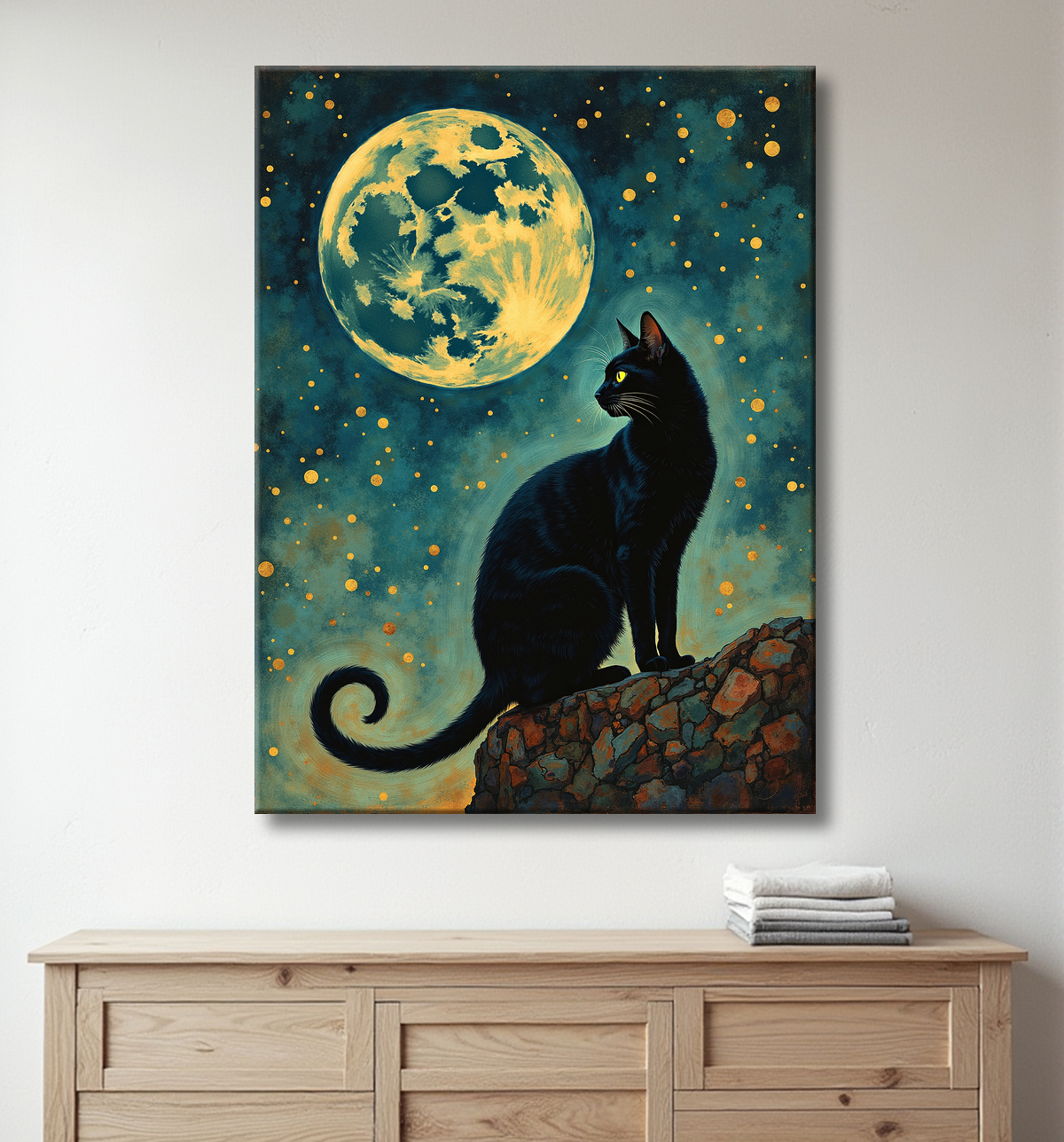 Tableau chat féerique - Illustration magique dans un univers étoilé avec decor